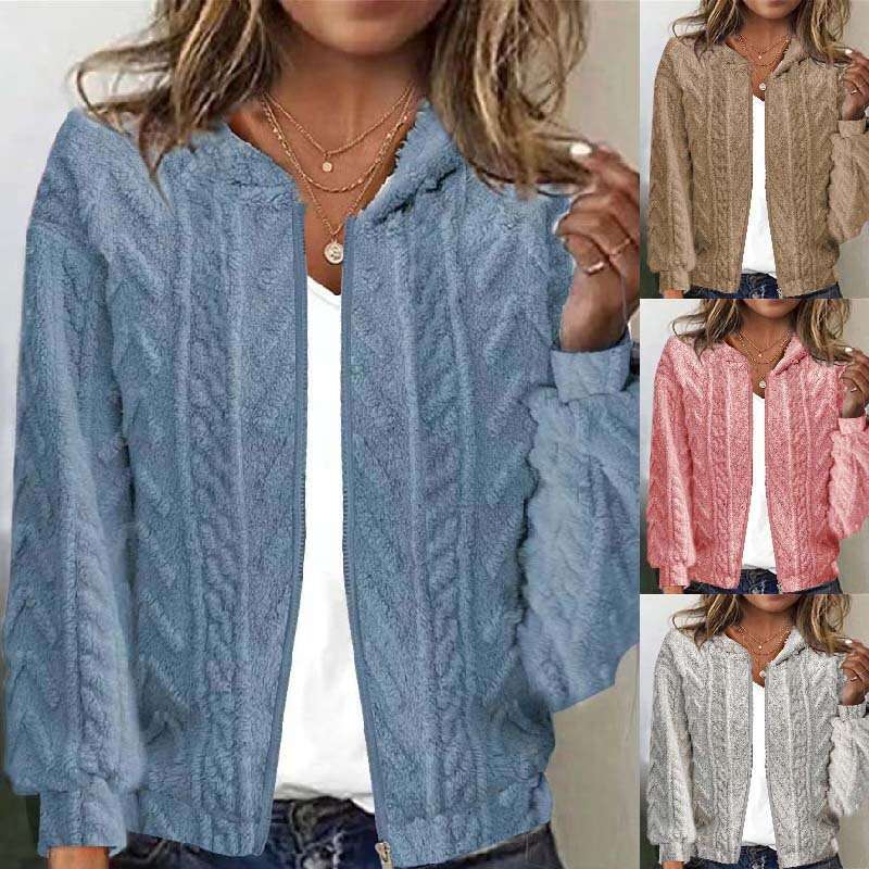 Women's 2024 Autumn/Winter New Comfortable and Casual Hooded Jacquard Long Sleeve Plush Coat