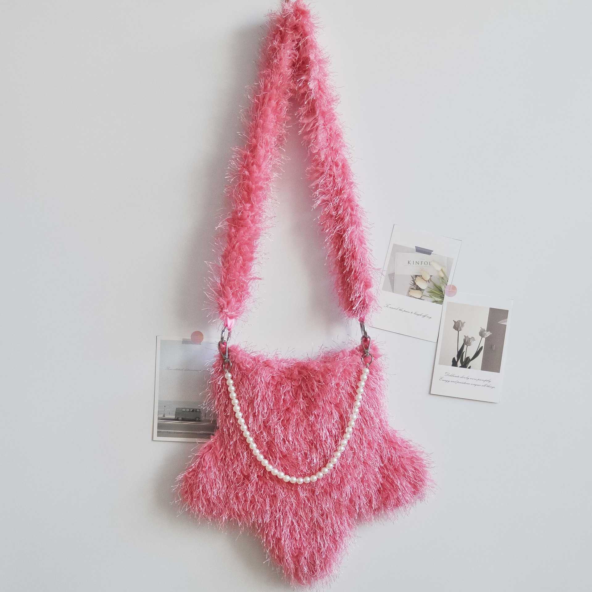 autumn winter plush bag, women's tassel, kapok flower, cute pentagonal star, pearl chain, crossbody bag, shoulder bag 240915