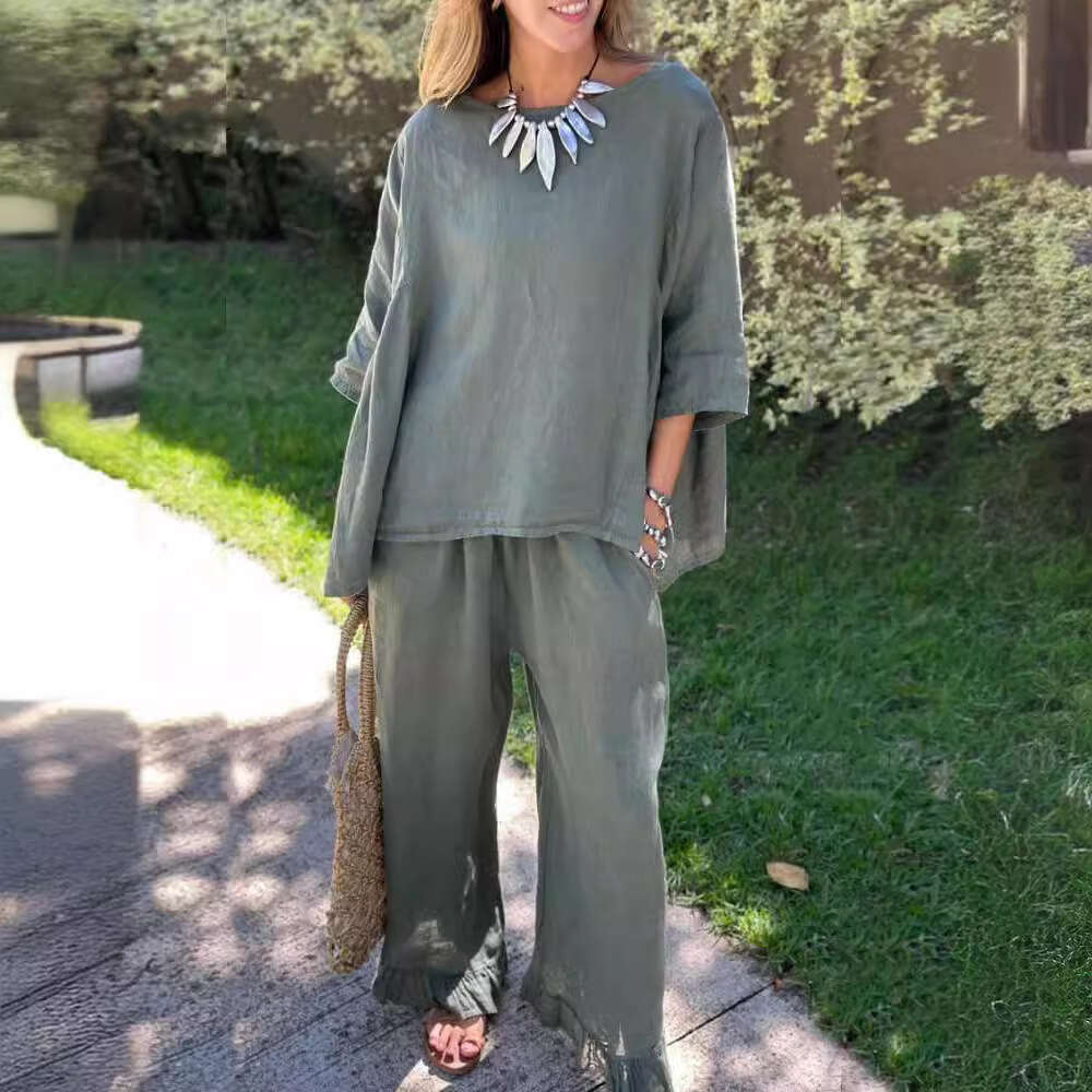 2024 Summer New Cotton and Hemp Women's Fashion Solid Color Loose Casual Pants Two Piece Set