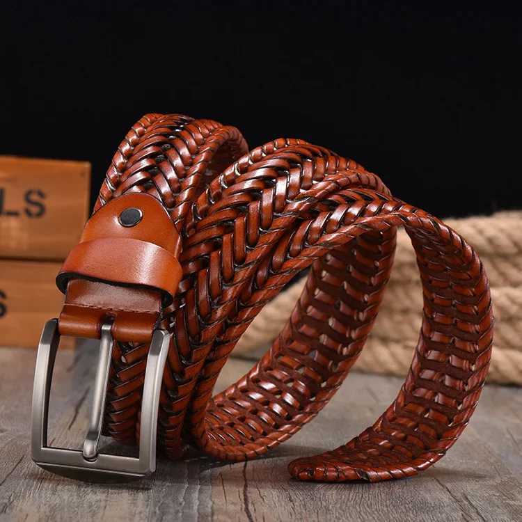 Newly woven mens woven belt luxury leather cow belt hand woven design mens jeans womens belt W240905
