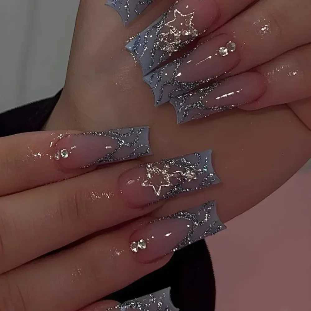 24 pieces of long coffin fake nails with Star Rhinestone black Y2K nail art French gradient full cover press girls nail tip W240905