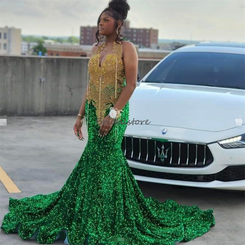 Gorgeous Green And God Prom Dresses 2025 Elegant Black Girls Mermaid Sequins Evening Dress Sparkly Beaded Crystal Formal Birthday Dress vestidos de no