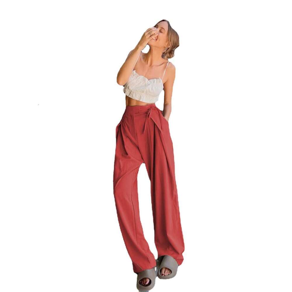 2024 summer new floor length pants, loose straight high waisted casual and fashionable hanging wide leg pants for women