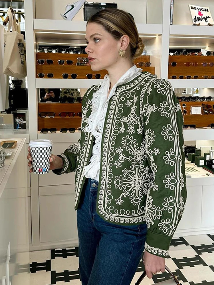 Floral print loose womens jacket casual long sleeved open top retro fashionable autumn 240902