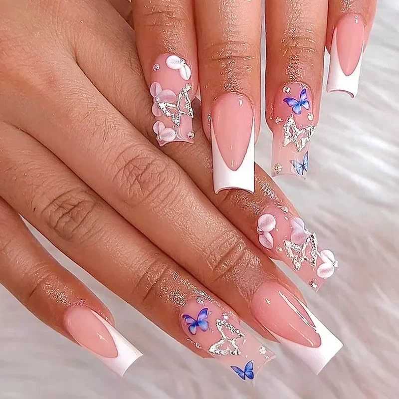 24 pieces of fake nails with adhesive butterfly design long coffin French ballet dancer fake nails complete set of acrylic nails pointed press nails W