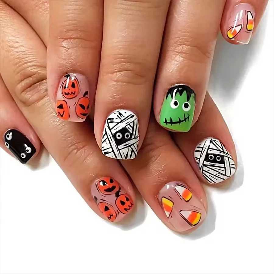 24 pieces/set Black Halloween Pressing Nail Pumpkin Ghost Cat Design Short Square Fake Nail Full Cover Acrylic Nail Tip W240905