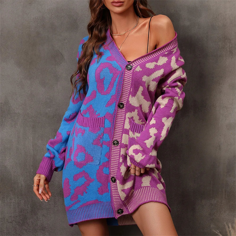 Womens Knitted Open Sweater Vneck Full Sleeve Printed Midi Jumper Thick Splicing Single Chest Regular Winter 240905