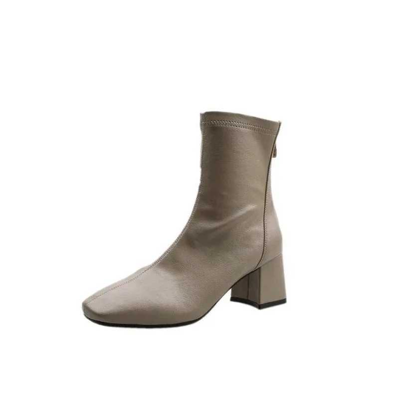 New winter square toe womens zipper ankle boots elegant thick high-heeled short boots for women Botas De Mujer 2024 CL240906