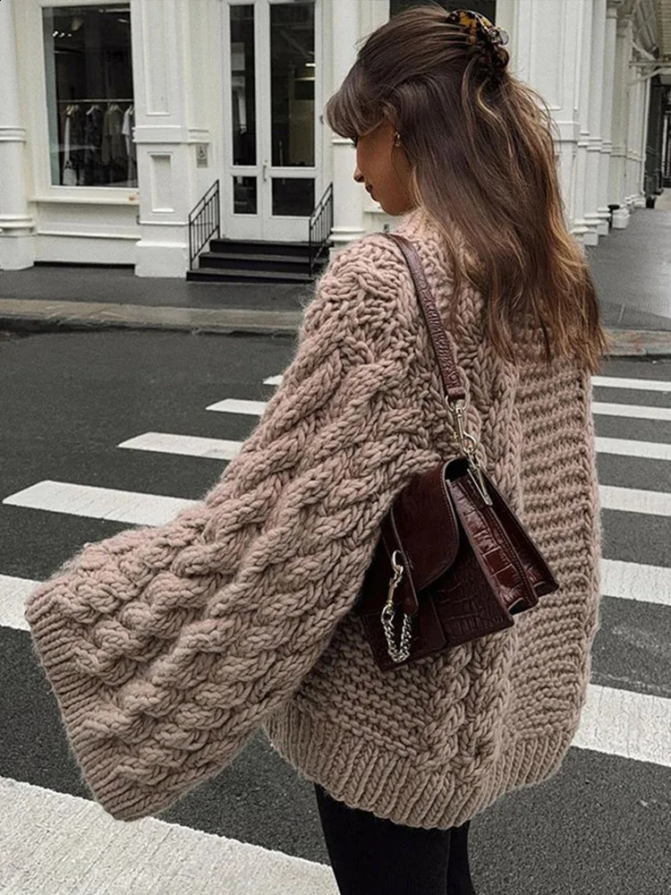 Oversized Knitted Floral Womens Casual Lazy Round Neck Twisted Solid Sweater Autumn Winter Loose Sleeve Women 240905