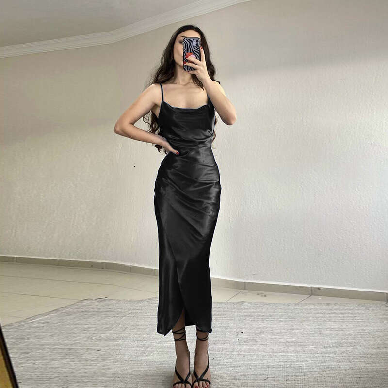 2023 Spicy Girl Style Sexy Low cut Satin Split Strap New Slimming Open Back Long Dress