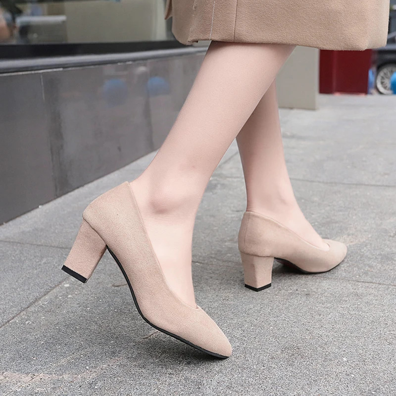 Plus Size 35-43 Women Dress Shoes Square Heeled Pumps Faux Suede Ladies Shoes Pointed Toe Boat Shoes Woman Medium Heeled N6973 240904