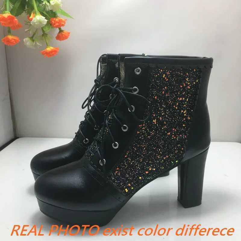 REALE CAT Fashion Womens Ankle Boots Round Toe Block High Heel 9cm Platform 2cm Zipper Flash Large Size 46 47 48 Party Boots CL240906