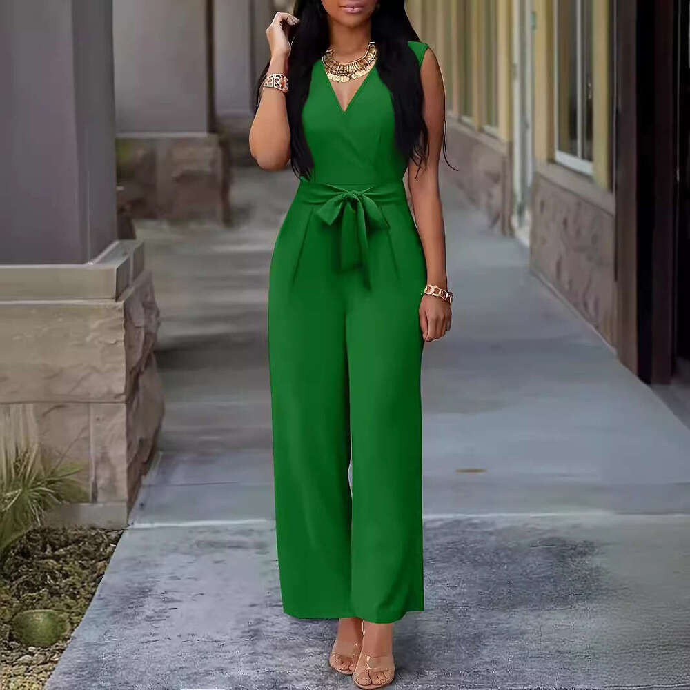 2024 Spring/Summer Women's New V-neck Wide Leg Sleeveless waist belt jumpsuit Female 0