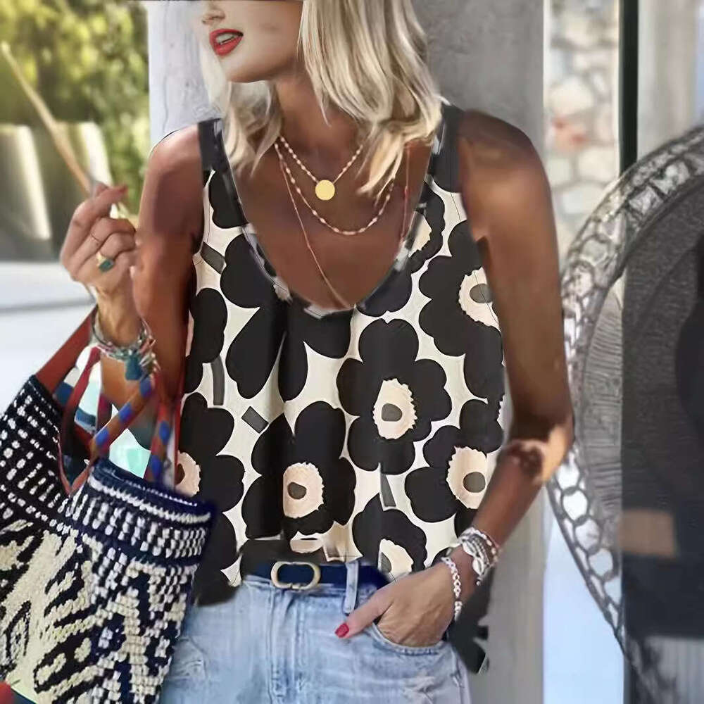 New plus size women's clothing for spring and summer 2024, elegant, casual, fashionable, loose printed sleeveless vest top