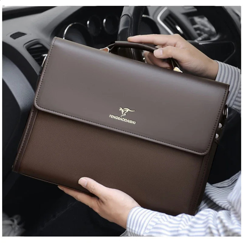 Mens leather y briefcase ner work business handbag Bolsas black shoulder lawyer square A4 side cross bag 240906