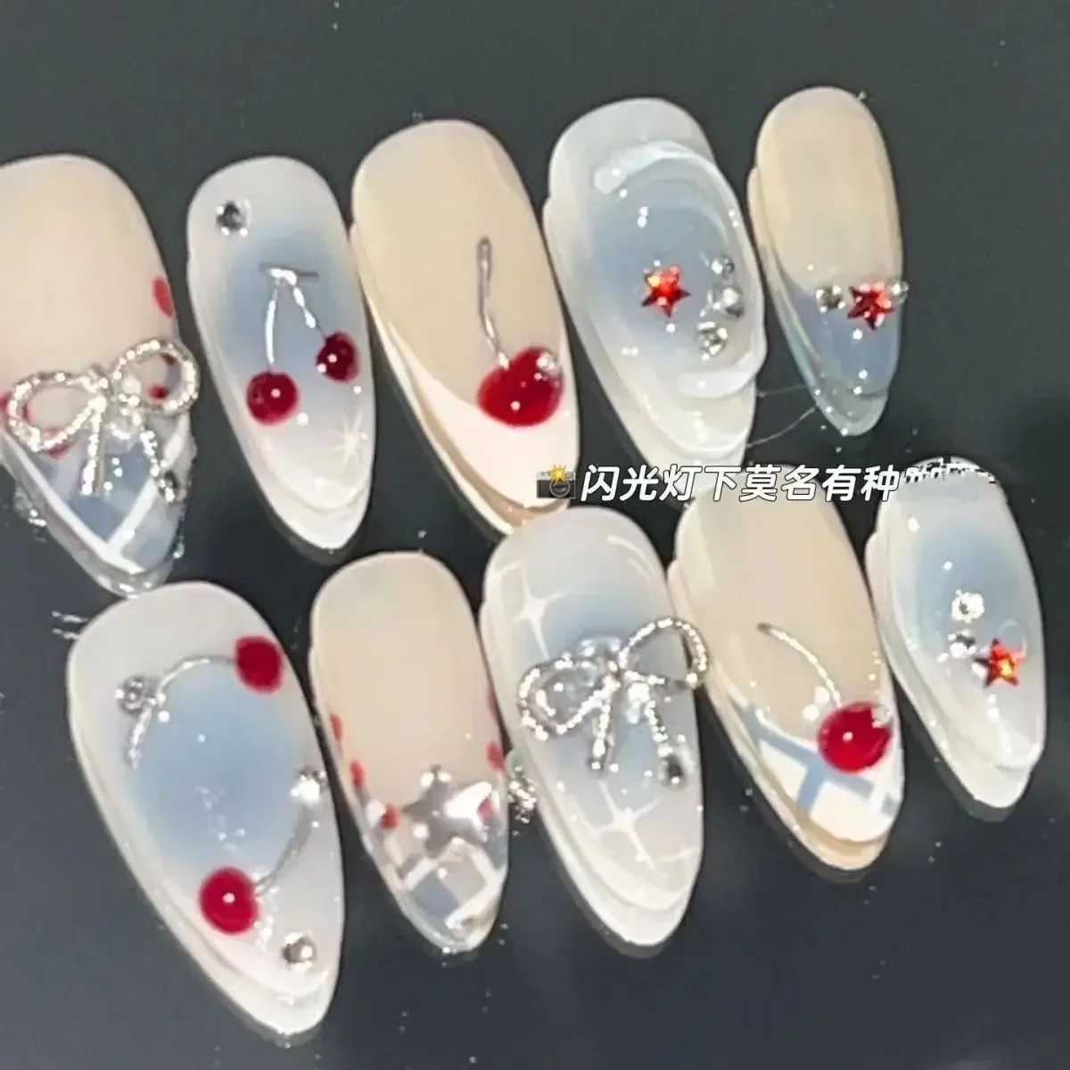 10 piece handmade press French almond fully covered cherry and bow design fake nails cute handmade suitable for women W240905