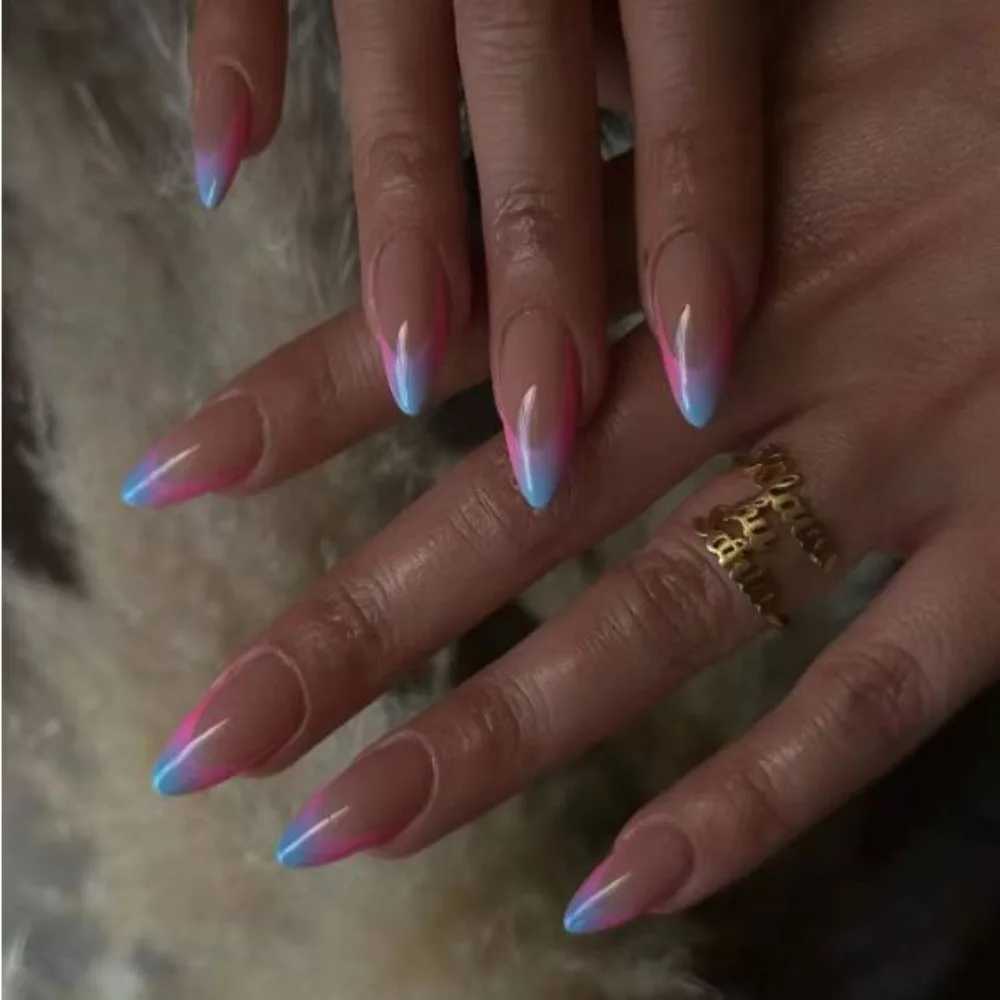White Line French Fake Nail Almond Nude Pink Artificial Shining Nail Patch Shining Glitter Design Wearable Pressing Nail 24 pieces W240905