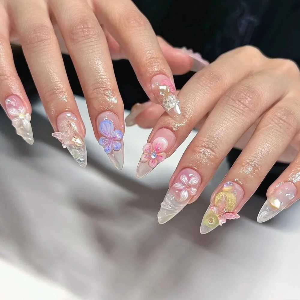 10 handmade oval shaped fake nails with cute flowers limited nail pressing on nails designed with adhesive nail file set W240905