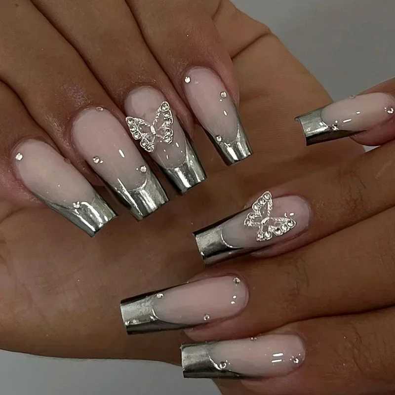 24 pieces of simple blue French fake nails with diamond love patterns designed fake nails medium and long ballet all inclusive nail tips W240905