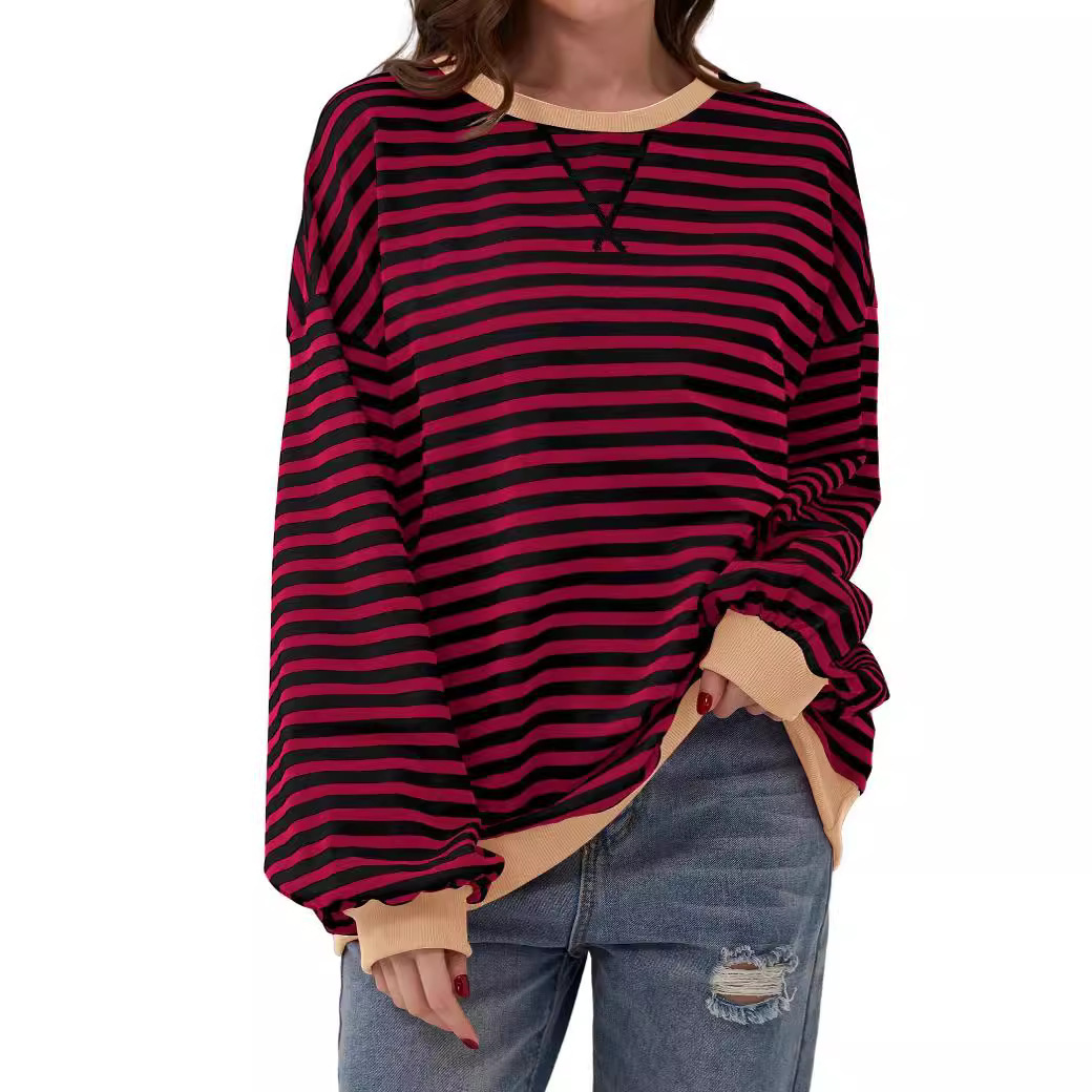 designer tshirt 2024 spring simple home cross border leisure new striped pattern round neck trendy long sleeve hooded color blocked tshirt