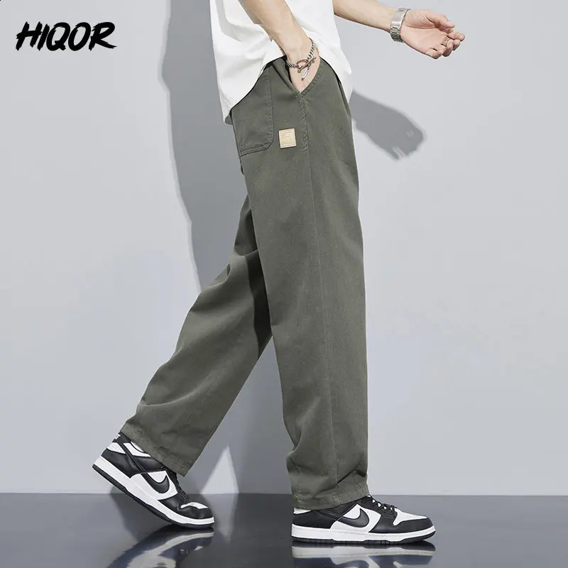 HIQOR 100% cotton lightweight sports pants mens patch work and leisure long jogging Trouser dark light green 240905