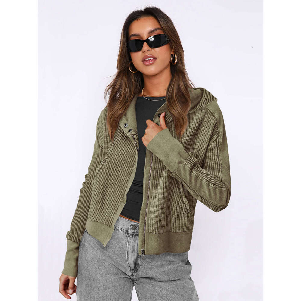 Jacket patchwork Women's hooded sweater Lazy style zippered hoodie Short knit