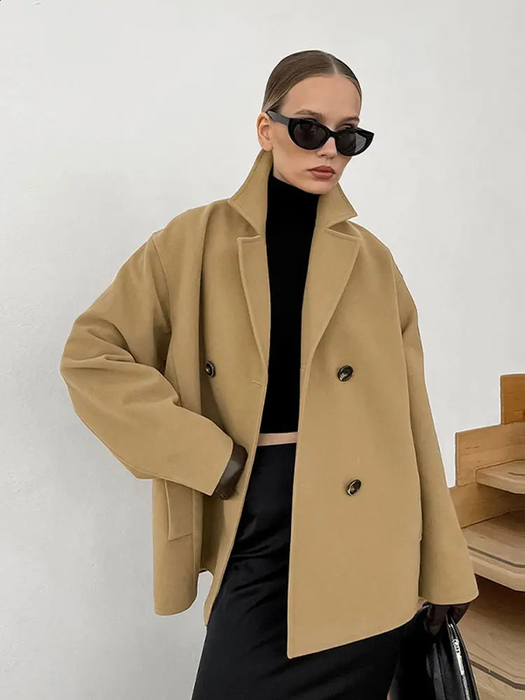 Fashion Solid Turn Down Collar Jackets For Women Casual Double Breasted Pockets Coat 2024 Autumn Winter Long Sleeve Loose Jacket 240905