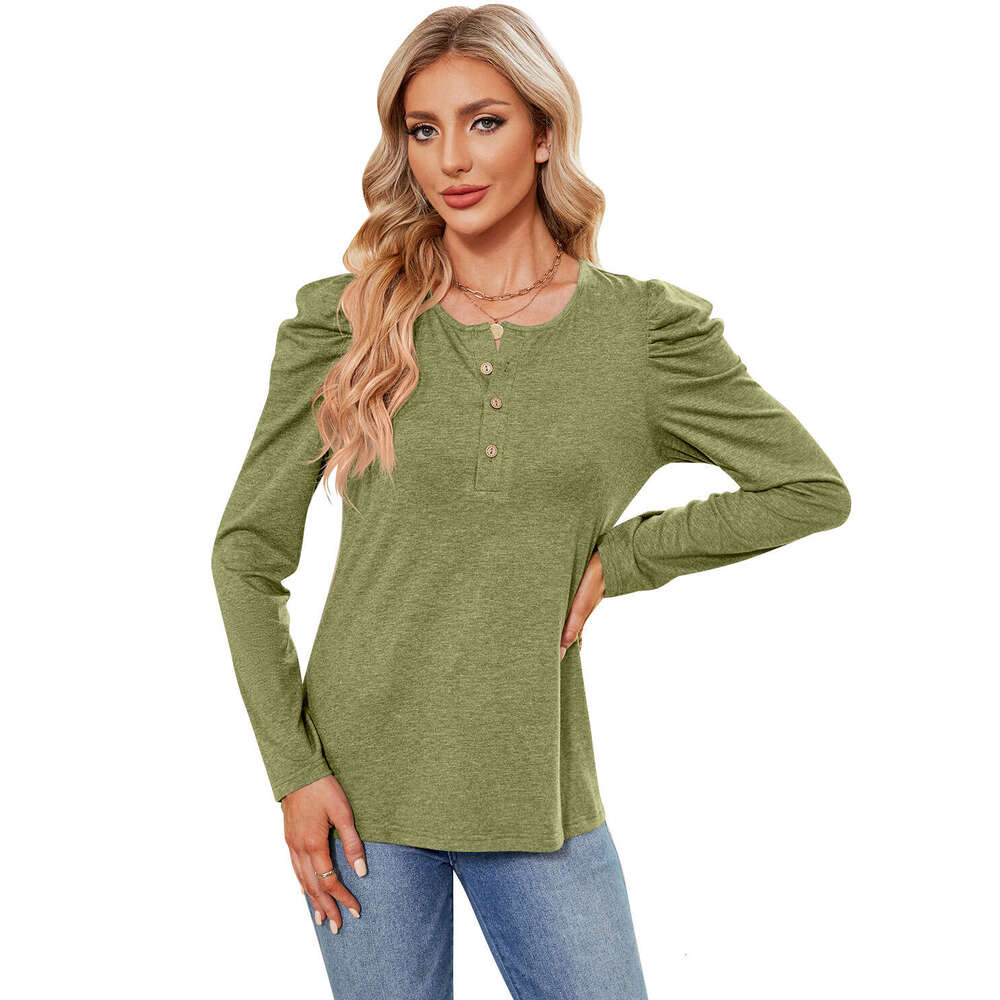 2024 Autumn/Winter New Solid Color Button Round Neck Bubble Sleeve T-shirt Top for Women