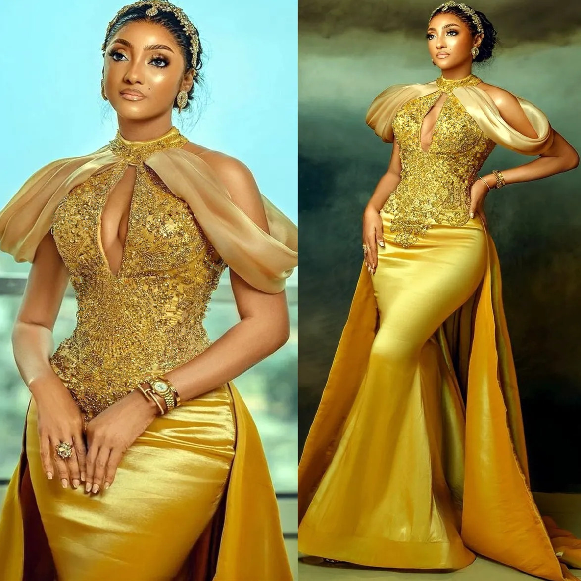 Arabic Aso Ebi Mermaid Gold Prom Dresses Lace Beaded Crystals Evening Formal Party Second Reception Birthday Engagement Gowns Dress Plus Size