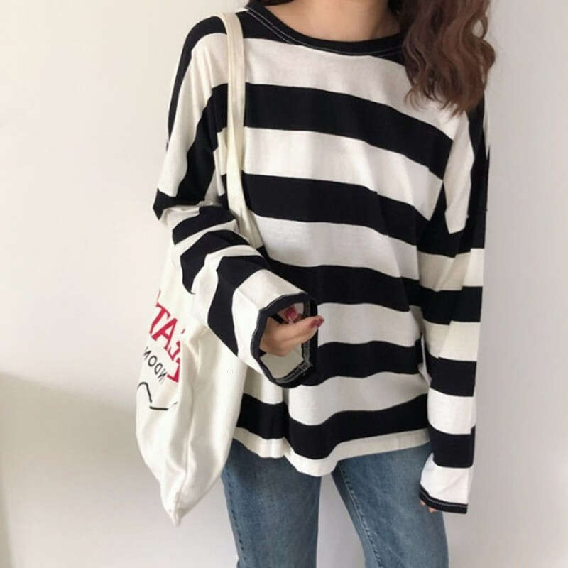 2020 New Top Ins Trendy Student Long Sleeve T-shirt Korean Versatile Striped Loose Womens Bottom Shirt