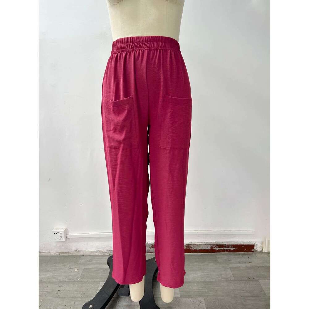 2024 Solid color pockets Women's casual Elastic Long pants