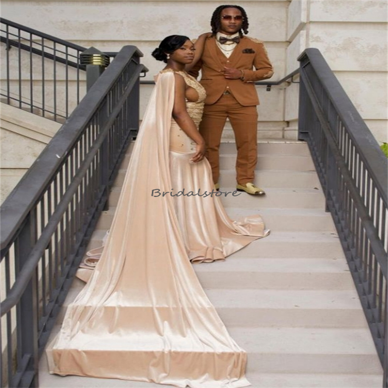Elegant Champagne Velvet Prom Dress 2025 With Train Plus Size Rhinestone Evening Dress African Black Women Formal Occasion Dress Gorgeous vestidos de 