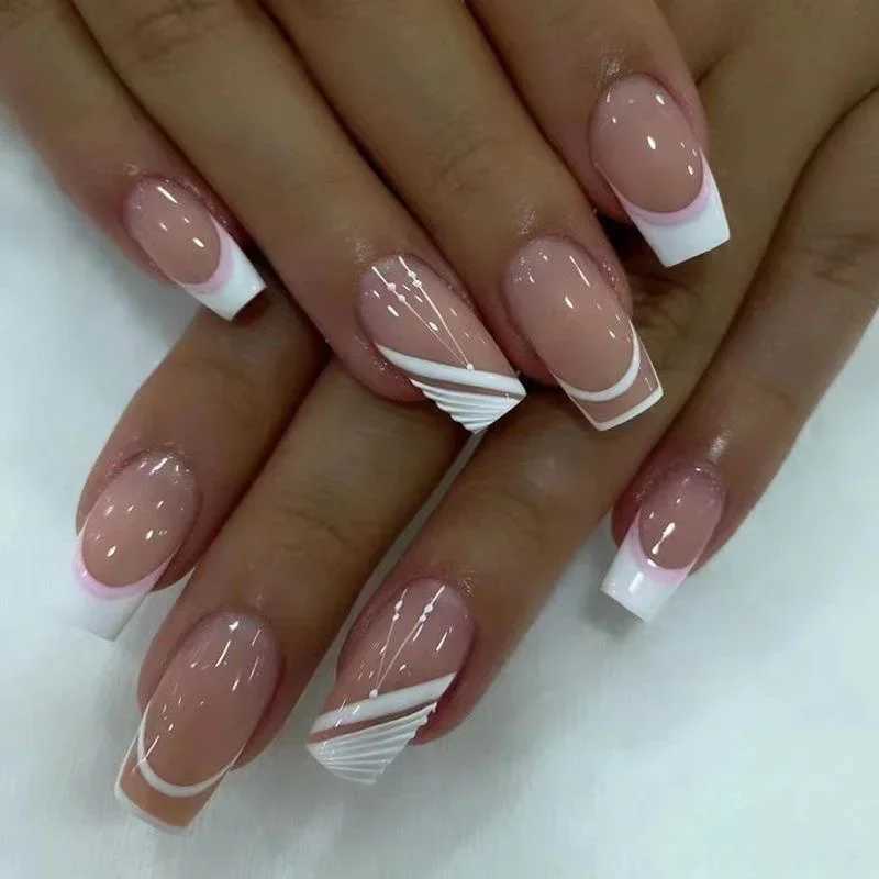 24 pieces of medium to long French fake nails square fake nails with butterfly design wearable decorative nail tips ballet nail press W240905
