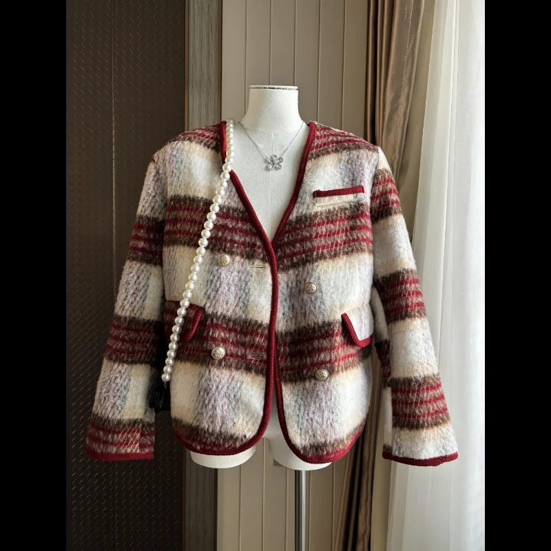 Women Red Plaid Small Fragrance Quilted Coats Loose Vneck Casual Long Sleeveless Warm Fashion Korea Chic Lady Tweed Coat 240904