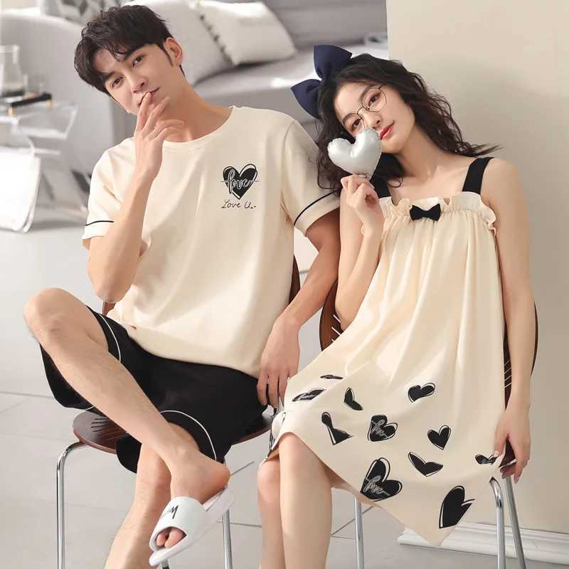 Summer Korean Couple Sleepwear Women Men Pajamas Set Cotton Pijama Suit Ladys Nightdress Round Neck Loose Lover Pyjama Night Y240906