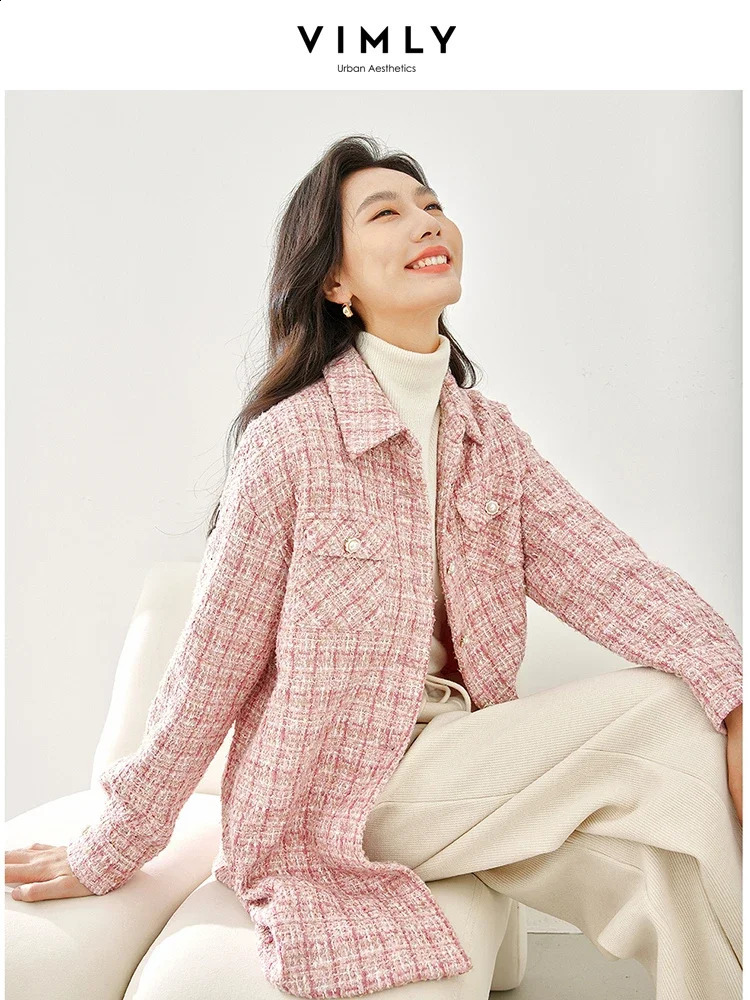 Vimly Winter Pink Tweed Quilted Jackets Women Straight Thick Single Breasted Long Sleeve Overshirts Female Clothing M3599 240904