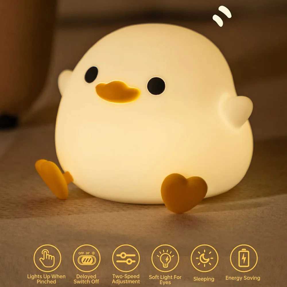 LED Night Light Cute Duck Cartoon Animal Silicone Nursery Night Light USB Charging Bedlight Touch Sensor Timer Light W240816