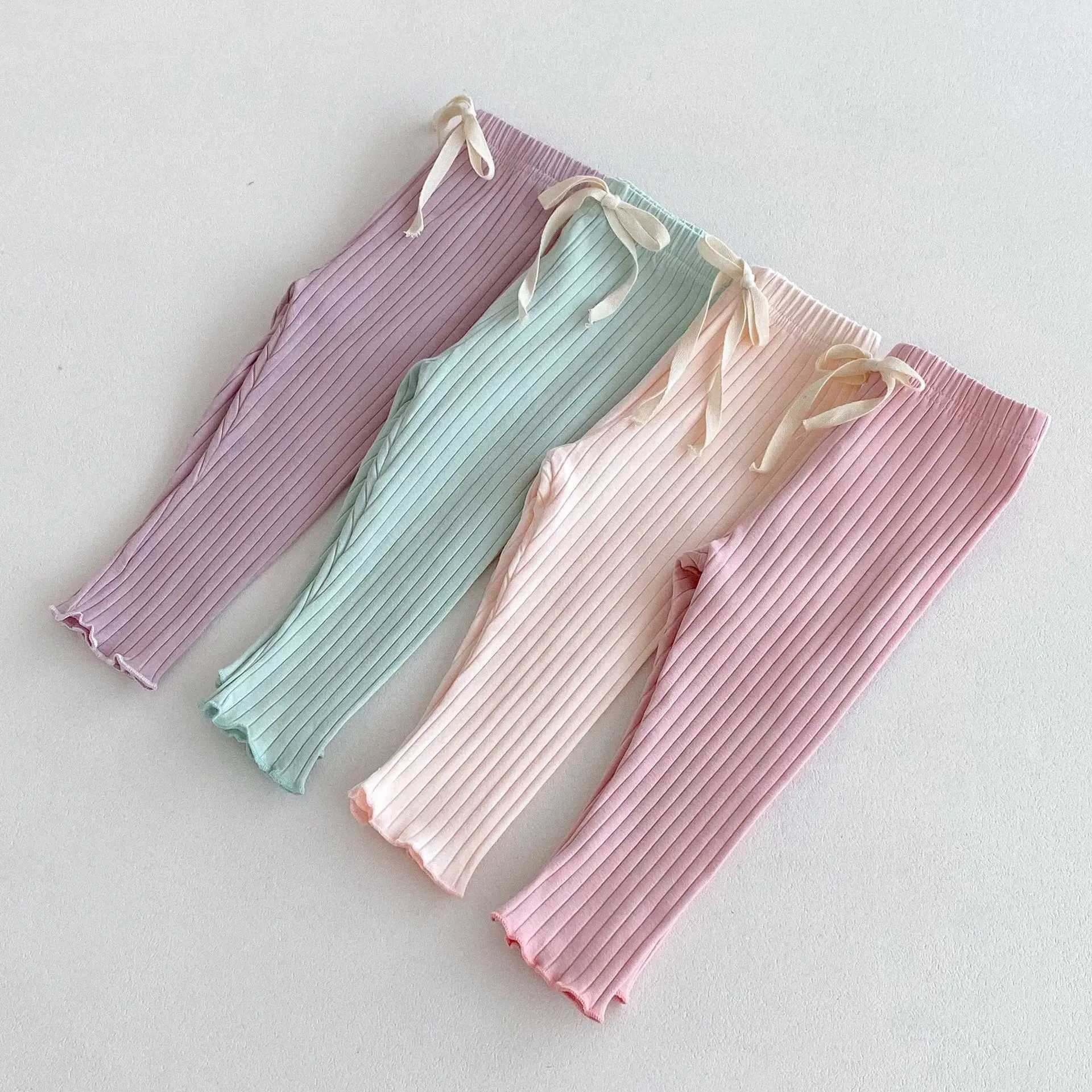 Autumn New Girls Cute Bow Leggings Cotton Children Solid Ribbed Tights Toddler Versatile Stretch Pants Kids Casual Trousers Y240906