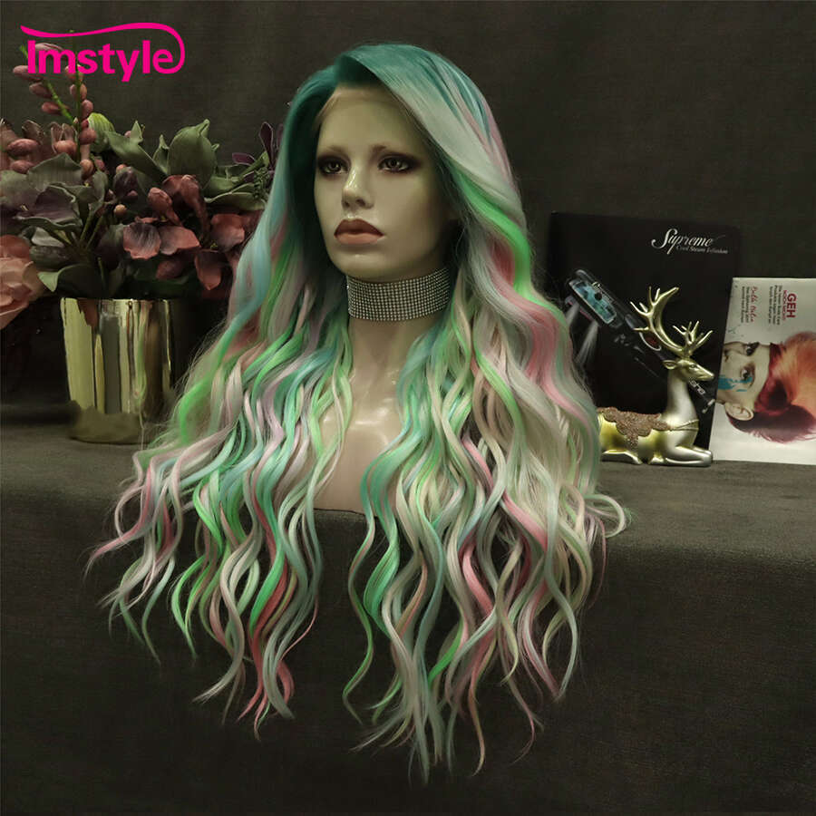 Imstyle Colorful Synthetic Lace Front Multicolor Long Wigs Natural Wavy Heat Resistant Green Pink Cosplay Wig For Women