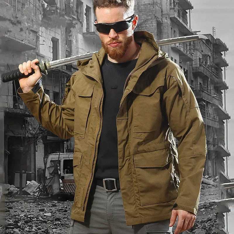 Mens Spring Long Tactical Jacket Hooded Trench US Army Field Military Hiking Jacket Outdoor Coats Waterproof Windbreaker Y240906
