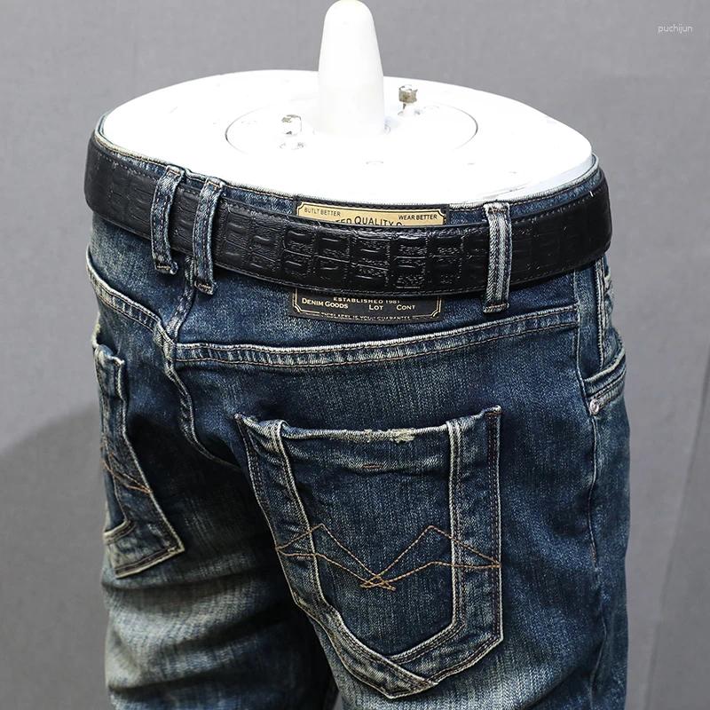 2025 S Fashion Designer Men S Jeans Fashion Designer Men High Quality Retro Washed Blue Stretch Slim Fit Ripped Patched Vintage Denim Pants Hombre