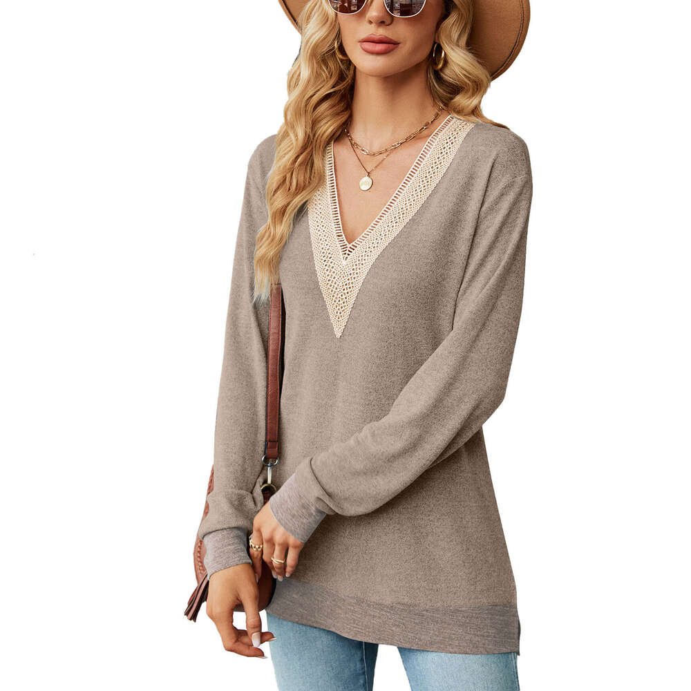 2024 Autumn/Winter Lace V-Neck Contrast Split Loose Sleeve T-shirt Top for Women