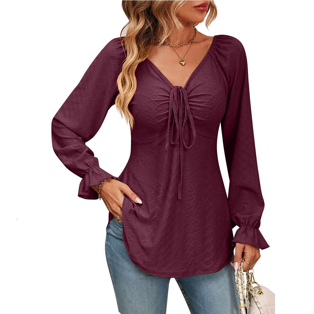 2024 Autumn New Womens V-neck drawstring waist sexy long sleeved solid color T-shirt