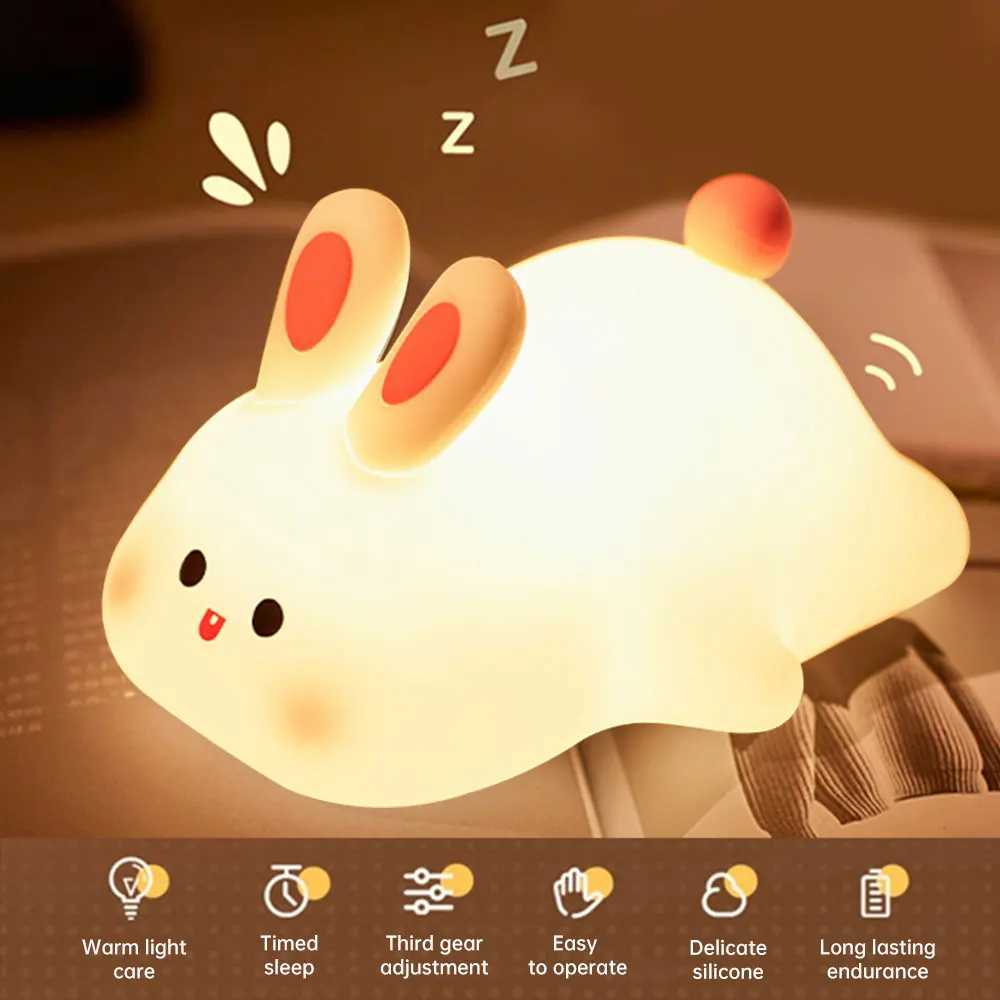 LED Cute Rabbit Silicone Light USB Charging Timer Bedside Decorative Light 3-level Dimmable Breast Feeding Kindergarten Night Light W240816