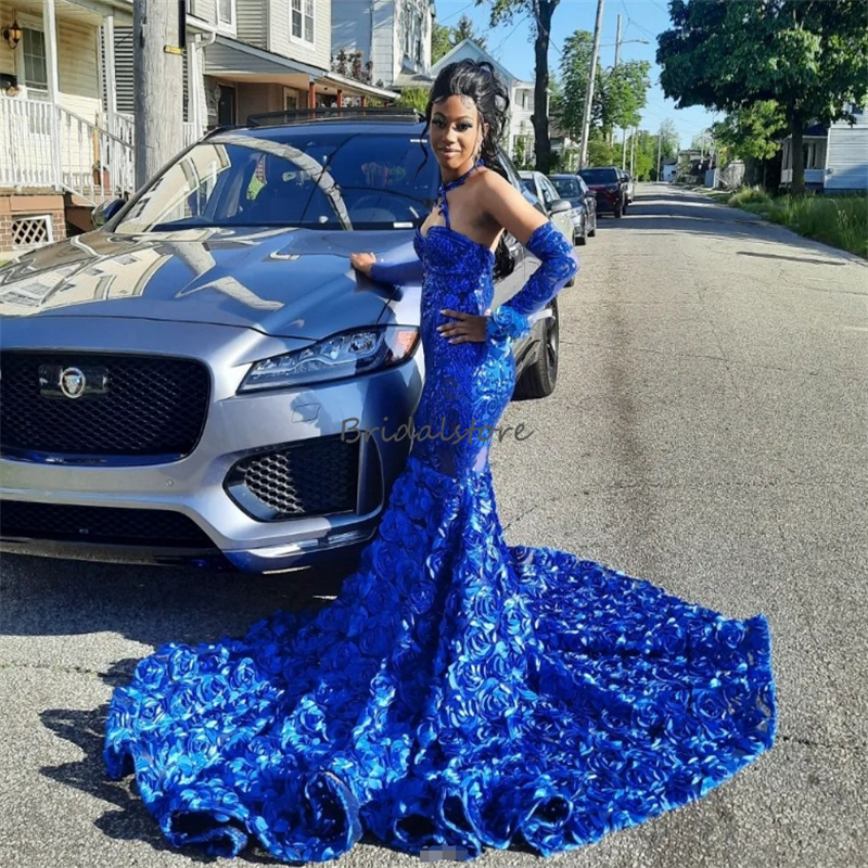 Shine Royal Blue Prom Dresses 2025 Halter Sequin Trumpet Mermaid Evening Gowns For Black Women 3D Florals Birthday Party Dress Robe De Soiree elegante