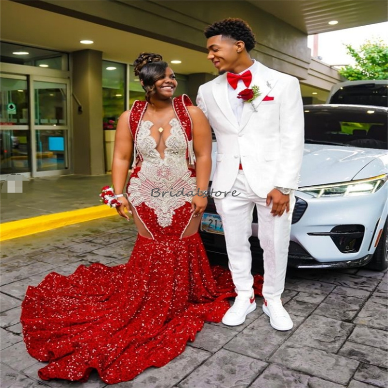 Red Sequins Prom Dresses 2025 For Black Women Gorgeous Mermaid Plus Size African Evening Dress Luxury Crystal Formal Birthday Gowns Robes De Soiree be