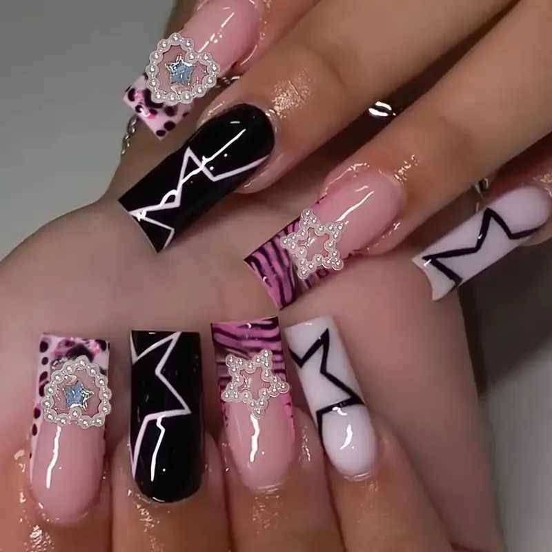 24 pieces of long coffin fake nails with Star Rhinestone black Y2K nail art French gradient full cover press girls nail tip W240905