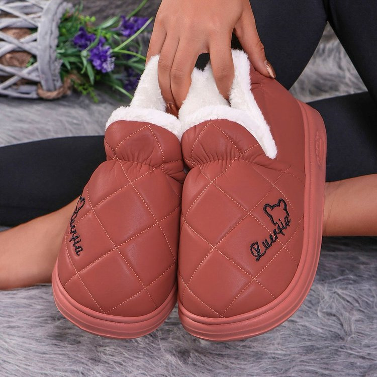 Bag with cotton slippers PU waterproof autumn and winter women's non-slip warm thick bottom lovers home indoor and outdoor men's cotton shoe