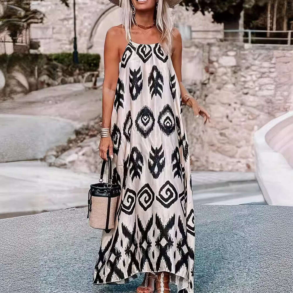 2024 Spring New Sleeveless Headband Women's Fashion Versatile Loose Print Long Dress for Women