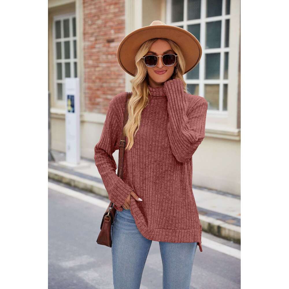 Autumn/Winter New High Neck Loose Long Sleeve Split T-shirt Top for Women